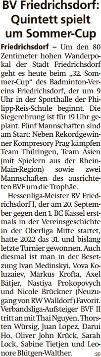 BV Friedrichsdorf: Quintett spielt um Sommer-Cup