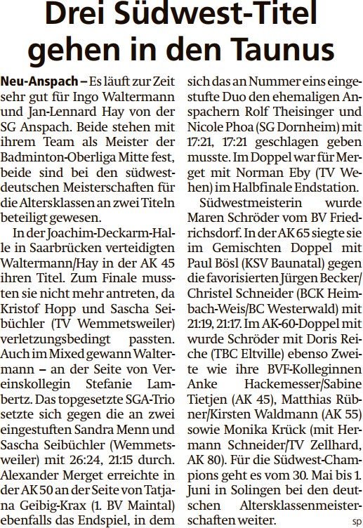 Drei Südwest-Titel gehen in den Taunus